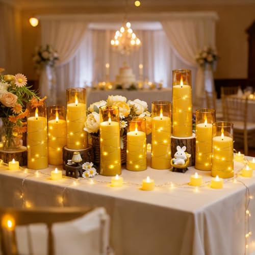 Image of kakoya Flameless LED Candles with Timer 24 Pc Flickering Flameless Candles for Romantic Ambiance and Home Decoration Stable Acrylic Shell,with Embedded Star String,Battery Operated Candles(Gold)