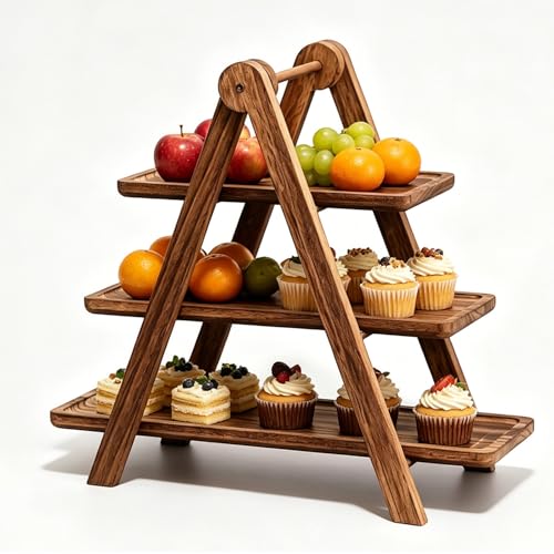 3 Etagen Holz-Etagere rechteckig Serviertablett aus Holz Tragbar Faltbarer Cupcake Ständer Lebensmittel-Display aus Holzetagere 44x35x17cm für Obst Dessert Vorspeisen Hochzeit Party Picknick