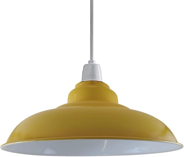 Retro Style Ceiling Light Shades Vintage Lamp Shades, Industrial Metal Curved 32cm Large Easy Fit Modern Bulb Guard for Task Pendant Lighting Bedroom, Kitchen, Office (Free Reducer Plate)(Yellow)