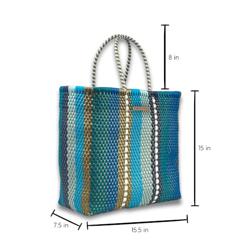 Image of MARIA VICTORIA Handwoven Plastic Mexican Tote Bag Large For Women, Waterproof, Lightweight, Multi-Color Design, Perfect for the Beach, Shopping, and Everyday Use, Billy Jeans Large