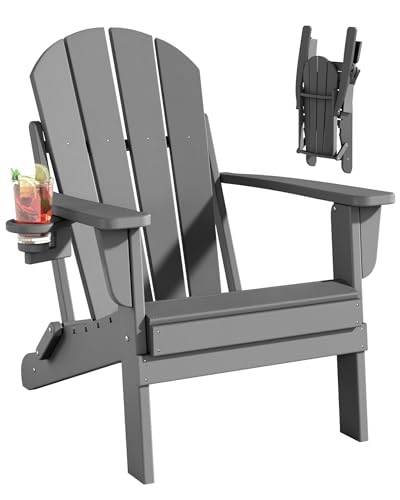 Adiromoti Folding Adirondack Chairs, All-Weather Resistant HDPE Patio Firepit Chairs, Sturdy Outside Chairs with Cup Holder, Lawn Chairs, 80% Pre-Installed Load Capacity 385lb, Slate Grey