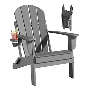 Folding Adirondack Chairs, All-Weather Resistant HDPE Patio Firepit Chairs, Sturdy Outside Chairs with Cup Holder, Lawn Chairs, 80% Pre-Installed Load Capacity 385lb, Slate Grey