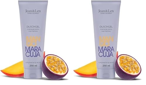 Jean & Len Duschgel Mango & Maracuja, pH-hautideal, belebendes Duscherlebnis, angereichert mit Mango- und Maracuja-Extrakt, veganes Duschgel, ohne Parabene & Silikone, 250 ml (Packung mit 2)