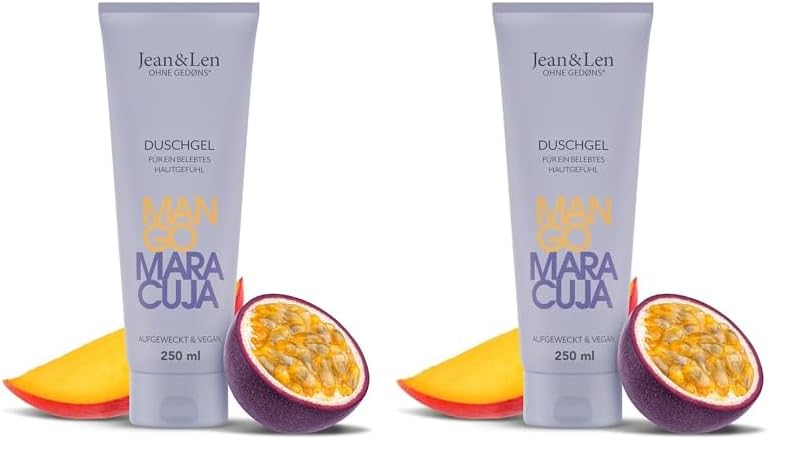 Jean & Len Duschgel Mango & Maracuja, pH-hautideal, belebendes Duscherlebnis, angereichert mit Mango- und Maracuja-Extrakt, veganes Duschgel, ohne Parabene & Silikone, 250 ml (Packung mit 2)