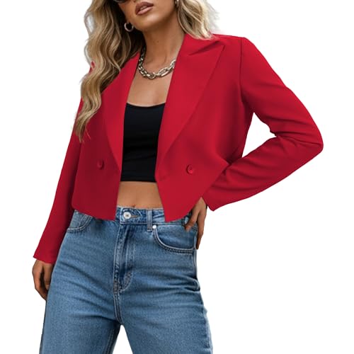 Ahlaray Blazers for Women Cropped Red Double-Breasted Short Blazer Versatile Jacket for Business Casual