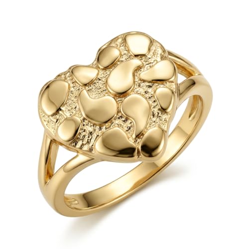 IOQCZQOI Gold Nugget Ring for Women - 14K Gold Plated Heart Shaped Textured Statement Jewelry Fashion Accessory for Daily Wear and Special Occasions