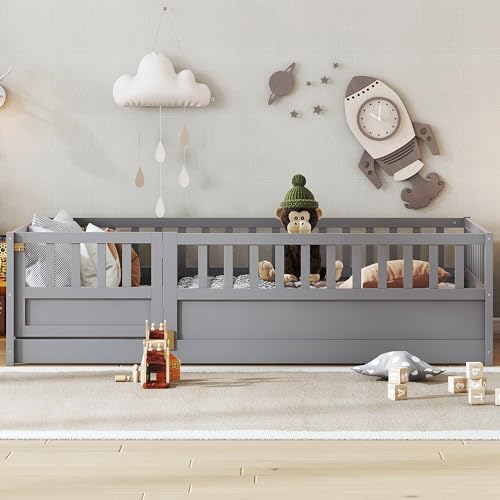Image of Bellemave Twin Size Kids Montessori Floor Bed,Solid Wood Floor Bed Frame with High Fence and Lockable Door for Kids,Girls,Boys,Twin,Grey