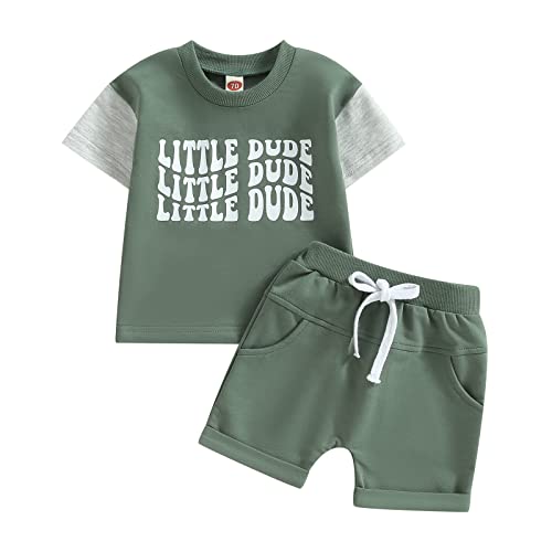 Infant Baby Boys Summer Clothes Outfits Sets Little Dude Short Sleeve Drop Shoulder T Shirt Casual Shorts Set (Green-A, 6-12 Months)