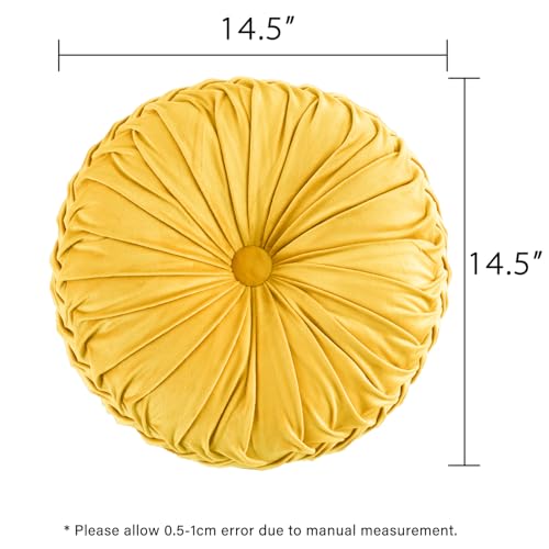 Image of HIG Set of 2 Yellow Ruched Velvet Round Throw Pillows - 14.5'' Decorative Pillows with Soft Polyester Filling for Couch, Bed, Living Room, Bedroom, or Dorm - Handmade, Stress Relieving, All-Season