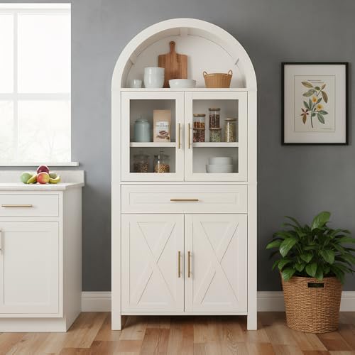 Image of 71 inch Tall Arched Kitchen Pantry Cabinet with Glass Door,Farmhouse Modern Wood Arched Cabinetsw /Adjustable Shelves & Drawer, Accent Cabinet with Barn Door for Kitchen, Living & Dining Room, Bathroom
