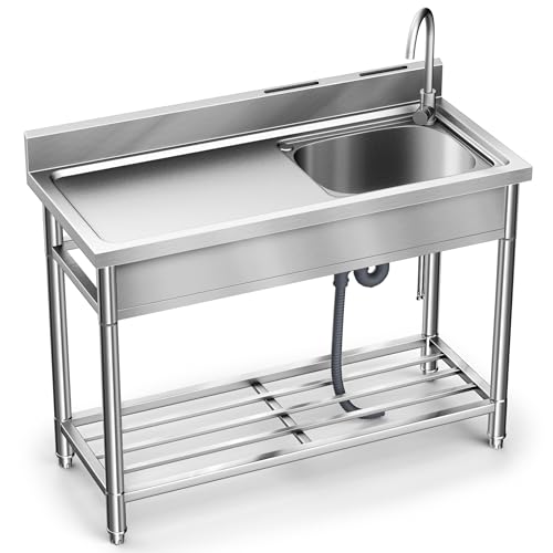 Stainless Steel Sink, 304 SUS Free Standing Kitchen Sink Single Bowl With Large Work Station Cold and Hot Water Pipe Undershelf Faucet Drainboard (47 Inch Right Bowl)
