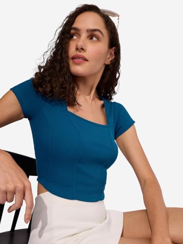 Image of The Souled Store Solids: Cobalt Blue Women and Girls Square Neck Short Sleeves Polyester Blend Slim Fit Ribbed Cropped Tops