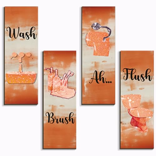 FENCORDAR 4 Pcs Orange Bathroom Decor Orange Bathroom Accessories Abstract Wall Decor Set Modern Funny Wooden Wall Art for Home Toilet Decoration, 12x4 Inches