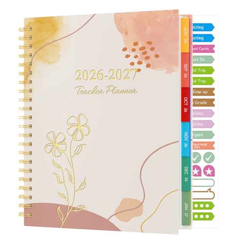 Sailingvan Teacher Planner 2026-2027 August 2026 - July 2027 7 Periods Academic Diary Teachers Lesson Planner Book with Stickers 8.5 x 11 Wirebound Laminated Tabs Pocket - Pastel