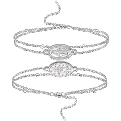 VASSAGO Bracelet Vierge Marie pour homme et femme Double face Vierge de Guadalupe Médaille miraculeuse Fait à la main Corde tressée catholique chrétienne Bijoux religieux (Argent 2)
