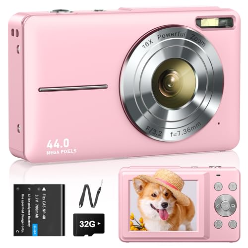 Digitalkamera 1080P Fotokamera 44MP Fotoapparat 16X Digitalzoom mit 32GB Karte 1 Akkus Digitalkamera für Kinder Student Jugendliche Anfänger Rosa