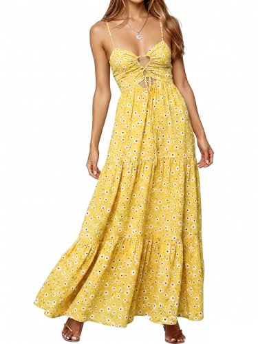 Image of Womens Summer Floral Spaghetti Strap Backless Low Cut Smocked Milkmaid Flowy Beach Sundresses