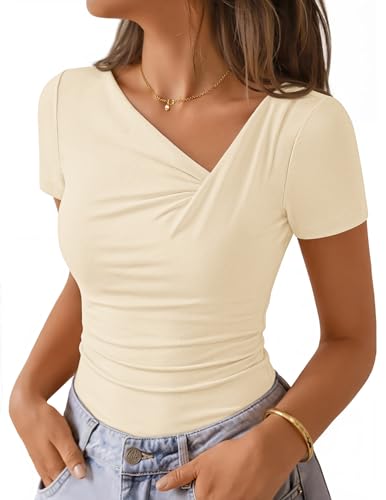 ZESICA Womens Summer Asymmetrical T Shirts Ruched Fitted Y2K Going Out Tops 2026 Spring Fashion Outfits Casual Work Blouse Apricot M