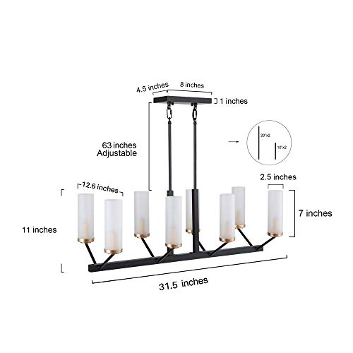 Phosant Lighting Black Gold Chandelier, 8-Light Modern Farmhouse Chandelier For Dining Room, 31.5" Linear Island Lights For Kitchen, Frosted Glass Shades #TOP6