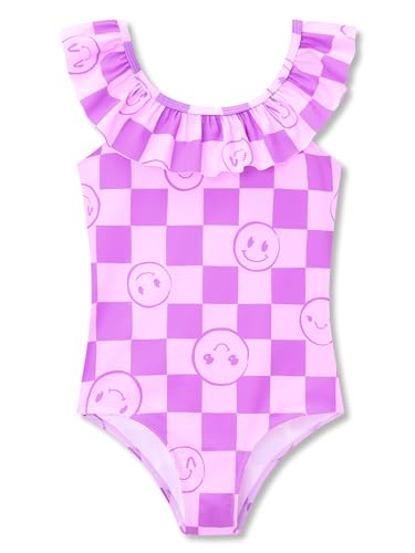 Image of Dvenki Toddler Girls One Piece Swimsuit Adjustable Straps Sizes 2T-10 | quick-dry swim fabric, skin-friendly, ruffle neckline, leopard, check, mermaid prints, swimwear for beach, pool, summer party