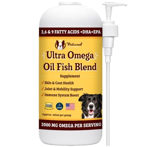 Natural Dog Company Ultra Omega Oil for Dogs a 2000 MG Omega 3, 6, 9 with Salmon, Pollock & Flaxseed Oil, EPA & DHA, Dog Supplement for Skin, Coat, Joints, Allergy & Itch Relief, Dog Fish Oil 16oz