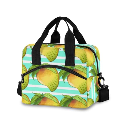 Sinestour Insulated Lunch Bag Reusable Cooler Mango Leaves Stripe Turquoise Lunch Box Adjustable Shoulder Strap for Adults Men Women