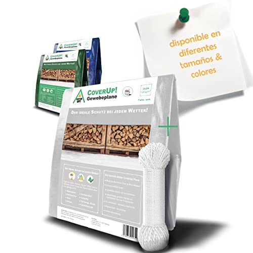 CoverUp! Lona Impermeable Blanco 2×2 m 120 g/m² con 10 m Cuerda y Ojales Aluminio – Resistente UV y desgarros – Cobertura Exterior Multiuso