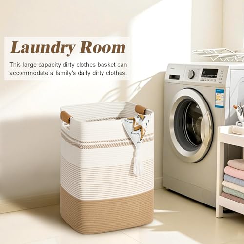 Image of Laundry Hamper, 75L Tall Laundry Basket with Leather Handles, Rectangle Large Clothes Hamper for Organizing, Cotton Woven Laundry Baskets Storage Hampers for Bedroom, Nursery, Living Room