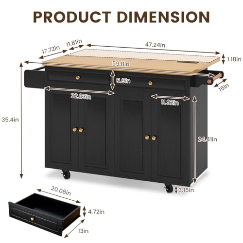 COCO DESIGN 60\" Rolling Kitchen Cart with Power Strip & Drop Leaf, Thick Countertop, Large Storage Cabinet & Drawers, Mobile Island with Locking Wheels, Towel Rack and Spice Rack, Black and Oak