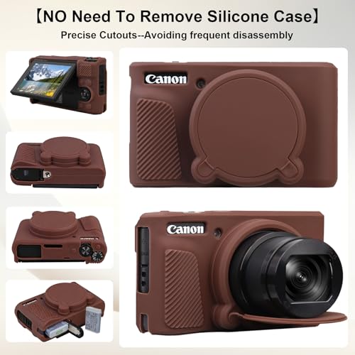 Image of Elonbo Camera Case for Canon PowerShot SX740 / SX730 Digital Camera, Canon SX740 / SX730 HS Hard Carrying Case + Soft Silicone Cover with Removable Lens Cover, Coffee Color