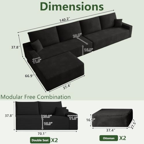 Image of Oversized Modular Sectional Sofa Couch, Large 5 Seater Corner Sofa Modern U Shaped Sectional Couch with Ottoman Cloud Couches for Living Room, Office, Spacious Space, Corduroy, No Assembly, Black