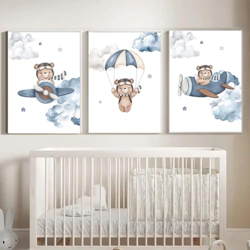 BeiYiHo 3 Affiche Chambre Bébé Bleu Tableau Chambre Bebe Ours Avion Enfant 30x40 Deco Ourson Chambre Garcon Poster Chambre Enfant Garcon Cadeau SANS CADRE
