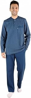 بيجاما رجالي شتوي كم طويل و رقبة مستديرة مطبوع وبنطلون طويل سادة - بترولي