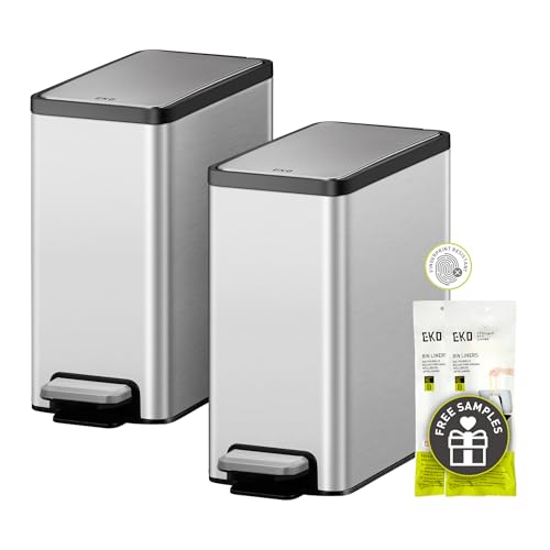 EKO Slim Small Bathroom Trash Can with Lid, Stainless Steel Kitchen Garbage Can with Removable Inner...