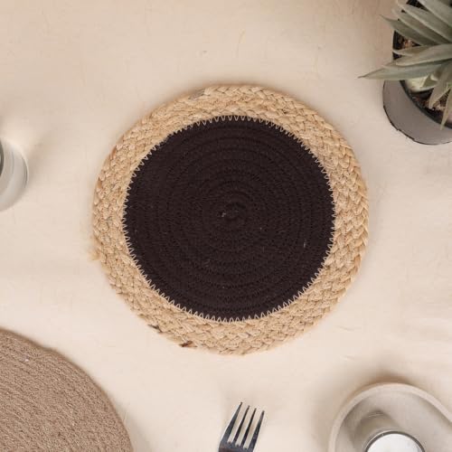 Image of DENOVA Cotton Rope Trivet for Hot Pots and Pans Heat-Resistant Table Mat, Handcrafted Spiral Design, Mocha and Jute Edge Pack of 3
