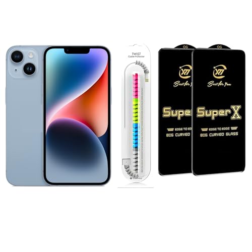 Image of Edge To Edge Tempered Glass Screen Protector Compatible With iPhone 14 Plus, 9H Hardness, Anti-Fingerprint, FHD Clear With Cable ProtectorPack 2