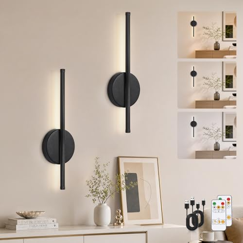 Kimjo 40cm Lampada da Parete Ricaricabile, Moderno Applique Murale a Batteria, Dimmerabile Luci da Parete Senza Fili, con Funzione Timer e Telecomando, Adatto per Camera da Letto, Corridoio, 2 Pezzi