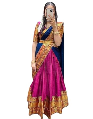 Image of RENVAANI Women's Traditional Kanjivaram Kanchipuram Silk Unstitched Lehenga Choli with Dupatta (PINK MAROON DUP NB)
