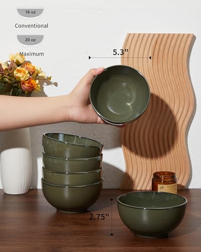 Image of Pokini 5.3 inch Stoneware Cereal Bowls Set of 6, 22 Oz Soup Bowls Set | Reactive Glaze Cereal Bowls Set for Cereal Soup Snacks, Kitchen Bowls for Meal, Dishwasher & Microwave Safe, Blackish Green