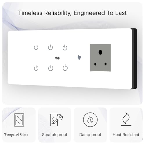 Image of IOTICS Smart Wifi Switch Board: 6 x Switch & 1 x Smart Plug Module. Touch Control, Remote, App Control. Voice Control with Alexa & Assistant. Smart Touch Switch For Home Automation (White)
