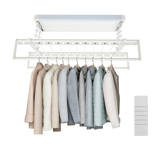 DHQCQL Tendedero eléctrico, tendedero electrico de Ropa, Altura Ajustable, secador de Pared Extensible con Mando a Distancia, iluminación, Equipado, tendedero para Pared (Blanco)