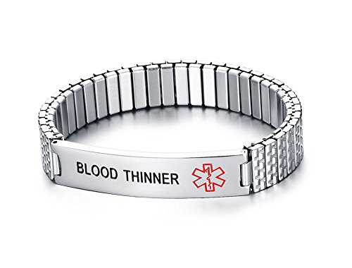 Mealguet Jewelry BLOOD THINNER- Unisex Stainless Steel Medical Alert ID Tag Stretch Wristb