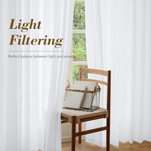 Image of FMFUNCTEX White Sheer Curtains, 54 Inch, Rod Pocket, 2 Panels for Bedroom | White Semi Sheer Airy Drapes for Living Room, Faux Silk, Light Filtering for Privacy Without Blocking Natural Light