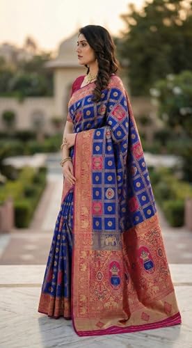 Image of C J Enterprise Women's Kanjivaram Silk Saree Woven Patola Banarasi Soft Sarees Zari With Blouse Piece (Hathi Patola)
