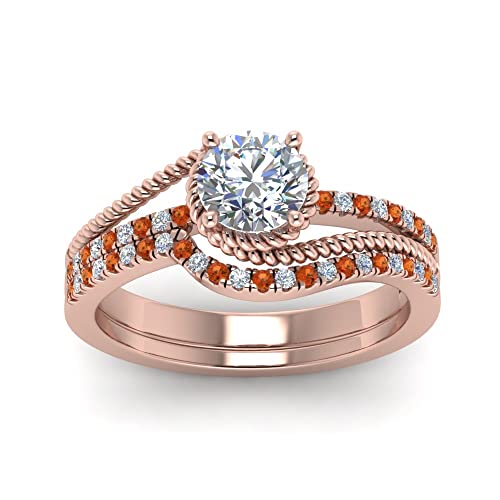 Image of Choose Your Gemstone Rope Split Shank Wedding Ring Set Rose Gold Plated Round Shape Wedding Ring Sets Everyday Jewelry Wedding Jewelry Handmade Gifts for Wife US Size 4 to 12