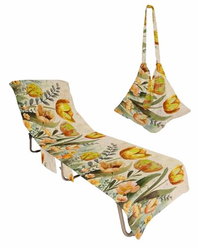 Eucalyptus Floral Beach Chair Cover with Side Pockets, Microfiber & Quick Dry Pool Chaise Lounge Chair Towels Covers for Sun Sunbathing Patio Garden Hotel, Yellow Botanical Blooms Vintage Farmhouse