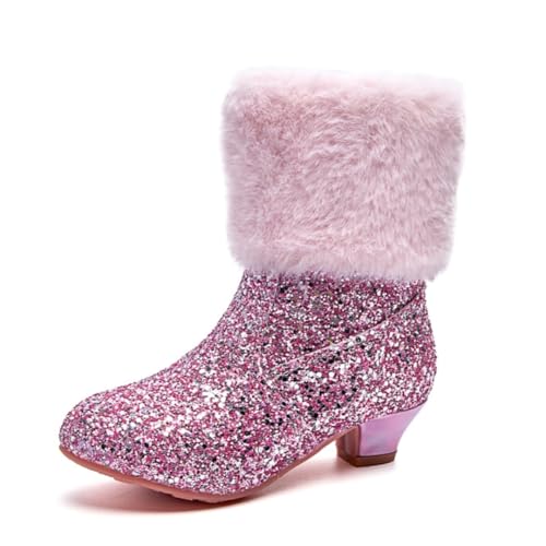 Girls Winter Warm Fur Low Heels Ankle Boots Glitter Sequin Princess Dress Booties with Side Zipper