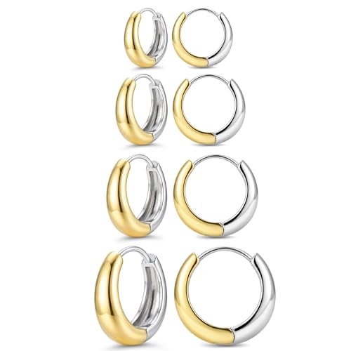 Image of Two Tone Gold Chunky Huggie Hoop Earrings Set for Women Men Hypoallergenic 14K Plated Stack Cartilage Earrings, Sterling Silver Multiple Piercing Lightweight Mini Thin Dainty Trendy Jewelry Gift