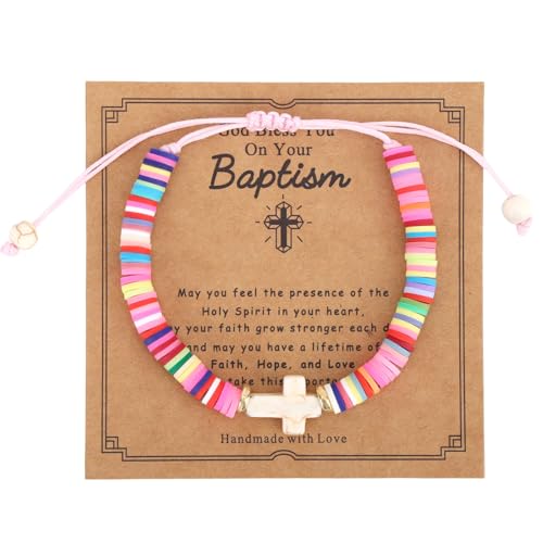 Mikovivi Baptism Gifts Cross Bracelet, Adjustable First Communion Confirmation Gifts with Blessing Card Christening Gift Religious Christening Jewelry for Mom