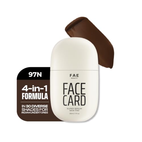 Image of FAE Beauty Face Card 4-in-1 Super Serum Skin Tint | Hydrates, Primes, Provides Coverage & Protects with SPF | Lightweight, Dewy Finish | 30 Shades for Indian Skin Tones | Shade - 97N - Neutral Warm